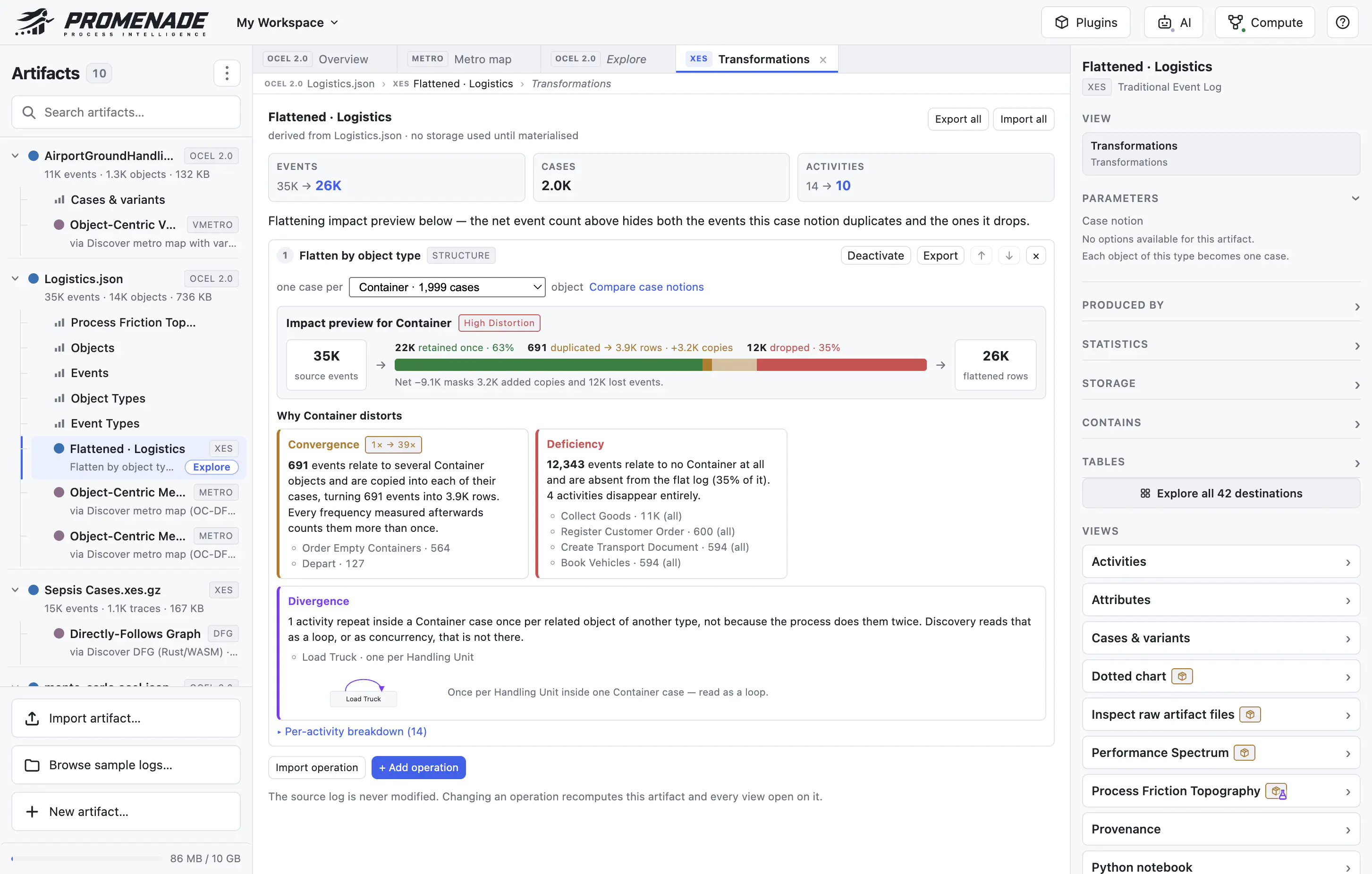 Flattening impact preview in Promenade The Promenade transformations view showing the impact of flattening the Logistics log by the Container object type, with convergence, deficiency, and divergence explanations